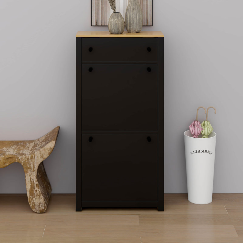 Armoire à chaussures moderne étroite avec 2 tiroirs rabattables, panneau réglable, Noir