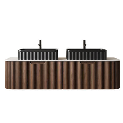 60" Wall-Mounted Double Sink Bathroom Vanity With Carrara White Countertop, Dual Black Ceramic Vessel Basins, 2 Soft-Close Drawers, Floating Modern Plywood Cabinet, Pre-Assembled – Matte Black / Dark Walnut