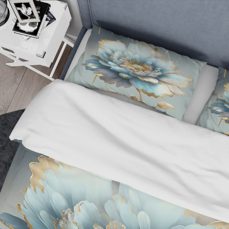 Ensemble d'édredon 4 pièces Floral Floral - Chic Blue Blooming Flower IV Literie, Queen Comforter + 3 Additional Pieces