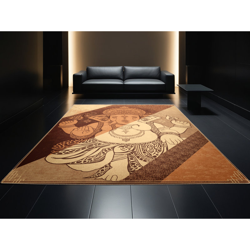 Tapis oriental brun / beige lavable à la machine Newberry Ganesha, 7 x 9