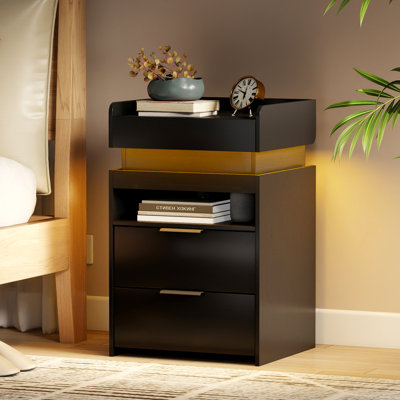 Set of 2 Nightstand with Storage Drawers LED Bedside Table with Charging Station