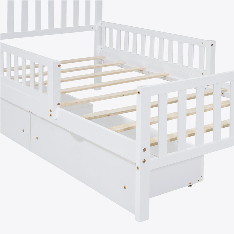 Twin Wood Platform Bed with Guardrails on Both Sides and Two Storage Drawers, White