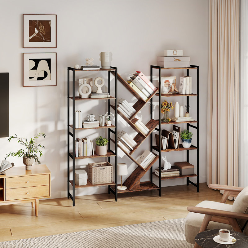  Bibliothèque ouverte en forme d'arbre, étagère de rangement autoportante à plusieurs niveaux, étagère à livres décorative pour salon, brun