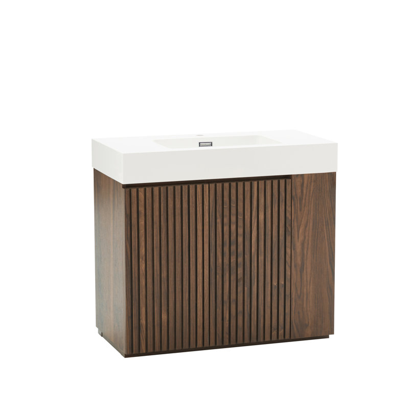 Meuble-lavabo 36 po avec grand rangement, lavabo à quartz, autoportant, Brun