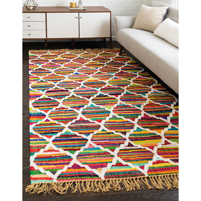 Abstract Handmade Cotton Area Rug in Multi Color - Red, Rectangle 9' x 12'