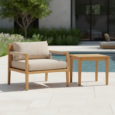 Ensemble de conversation d'extérieur 2 pièces en bois d'acacia avec corde tissée et coussins Larry
