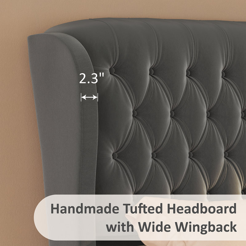 Gray Velvet Queen Platform Bed with Tufted Headboard and Footboard