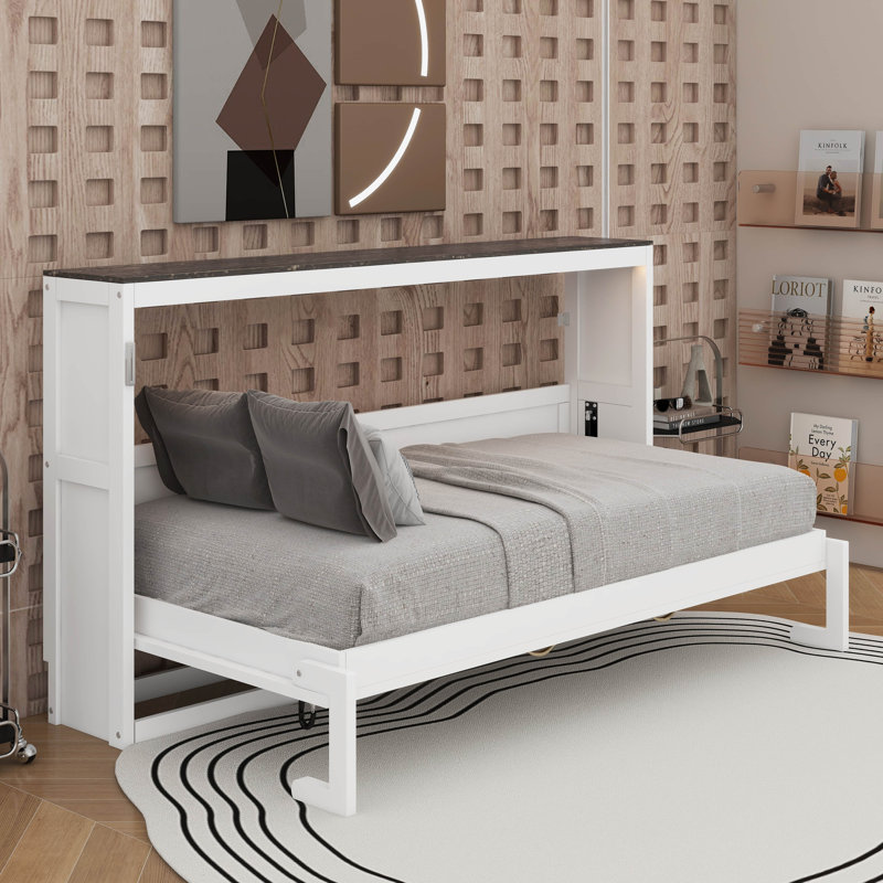 Lit escamotable simple avec lumière DEL, Blanc / Brun