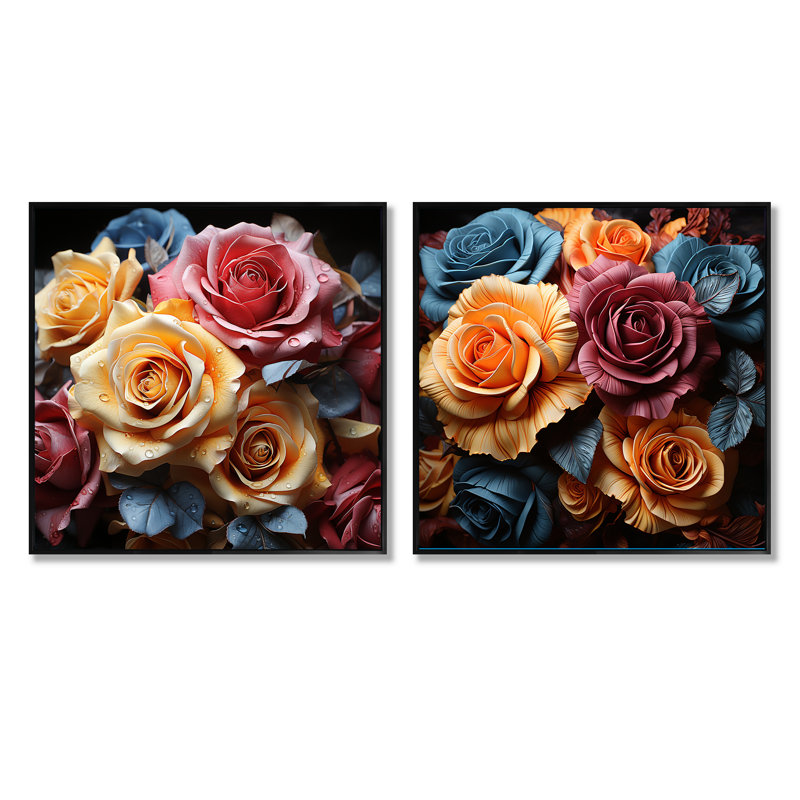 «Multicolor Roses Come Alive With Brushwork», ensemble de 2 collages floraux carrés, Cadre flottant noir, H 16 po x l 33 po