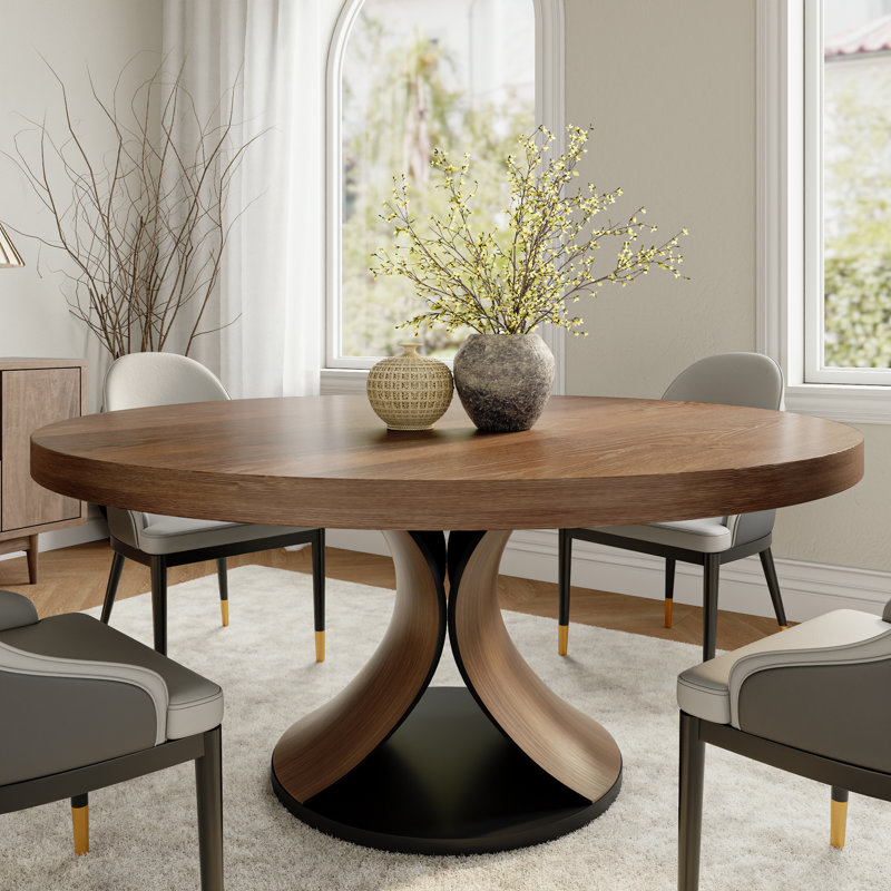 Salle de cuisine ronde en bois massif noyer avec chaise en bois massif 4/6/8, H 29,52 po x l 59,05 po x P 59,05 po