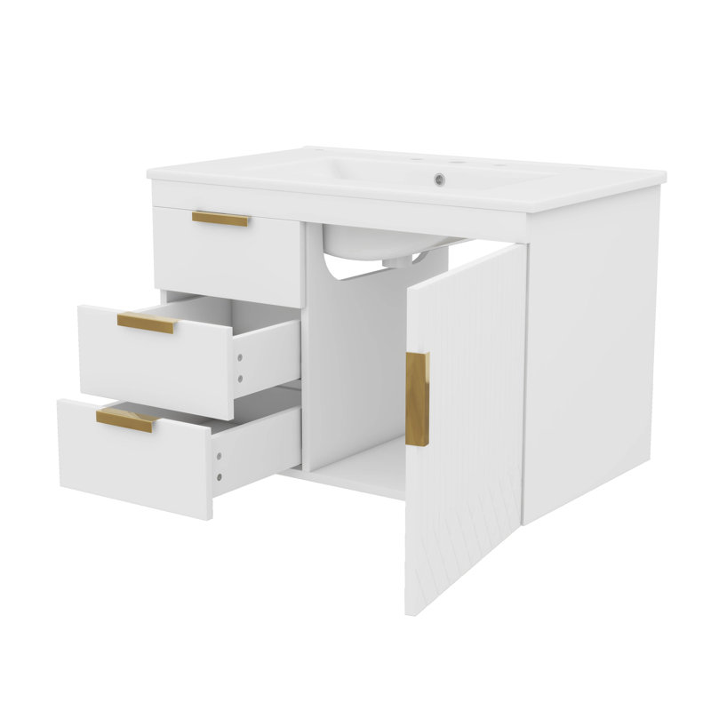 30" Modern Wall Mounted Bathroom Vanity With Ceramic Basin – Soft-Closing Door & Drawers For Sleek Storage, White