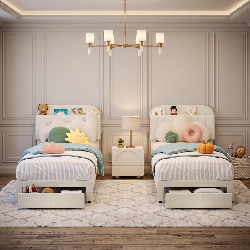 Ensemble de 2 lits simples pour enfants avec tiroir de rangement, structure en fer et tête de lit tapissier en flanelle de 134 livres, 80 x 41 x 63 po