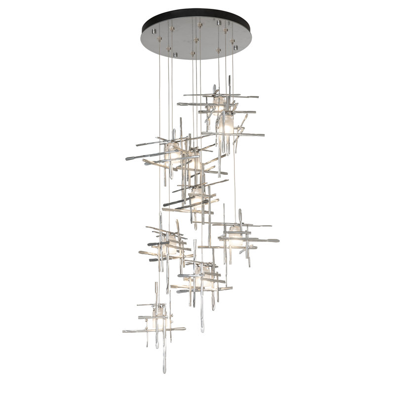 Tura 9-Light Glass Round Pendant, Seeded Clear, 30" - 130", Sterling