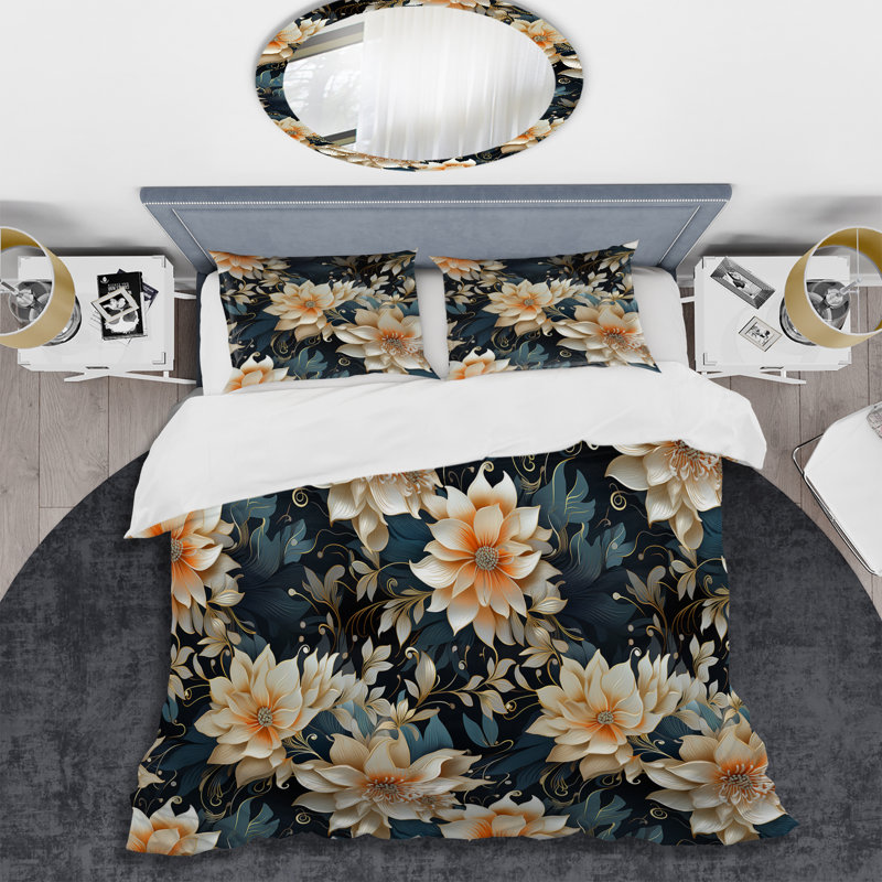 Literie luxueuse à motif de fleurs dorées et grises, Housse de couette simple + 1 taie décorative stan