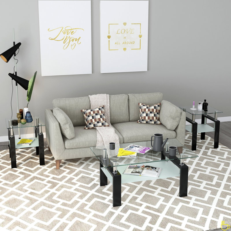 Ensemble de 2, table basse moderne en verre trempé, table de bout, table carrée, Plateau transparent / base blanche