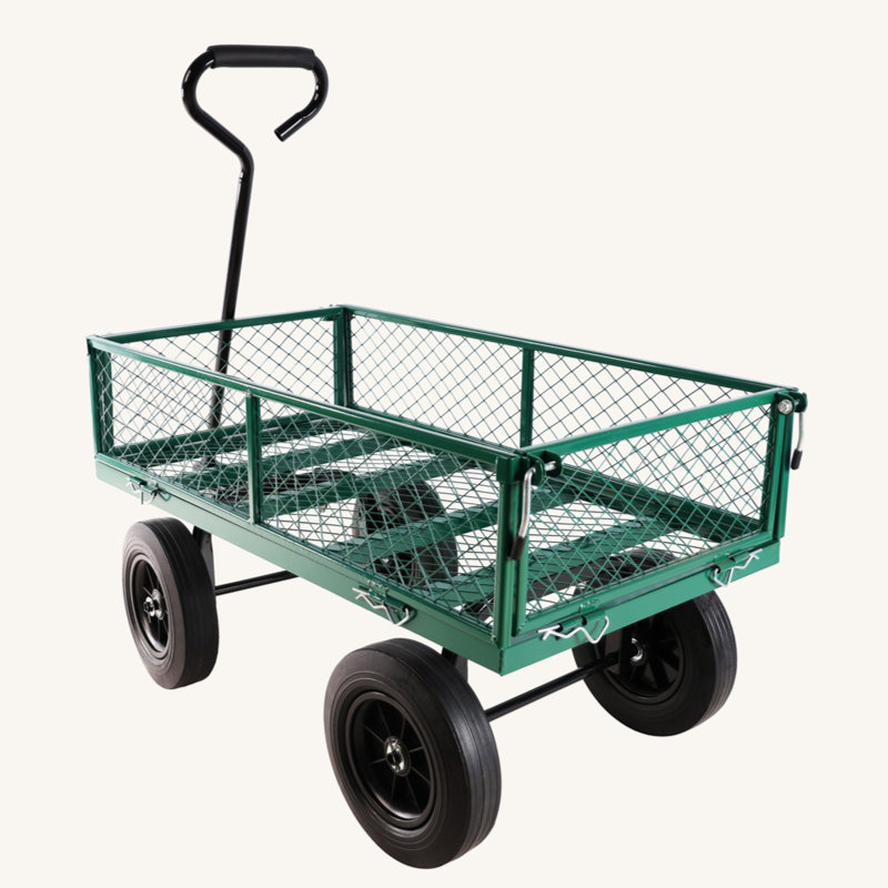 Green Steel Mesh Garden Wagon with Solid Wheels