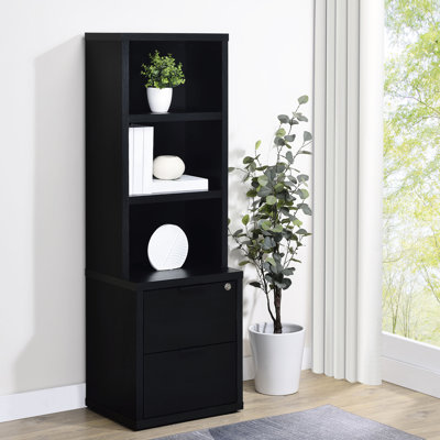 Bibliothèque noire à 3 tablettes avec tiroir verrouillable, finition grain de bois de manguier, bois d'ingénierie, placage à gratter, pour espace de vie principal, 19,99 po de profondeur, 15,76 po de largeur, 61,95 po de hauteur, 59,66 lb de manguier