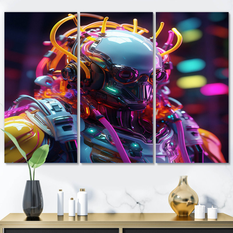 Sci-Fi Retro Futuristic Robot In Neon V - Robot, reproduction d'art sur toile, H 28 po x l 36 po x P 1 po