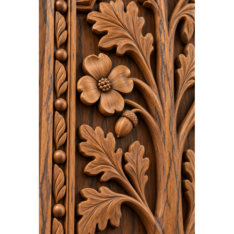 Hand-Carved Solid Teak Oak Tree Wall Panel with Dogwood Blossoms