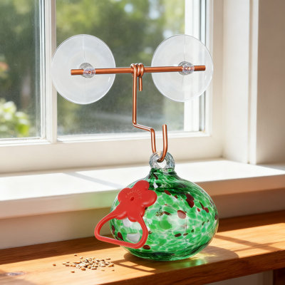 Hand-Blown Glass Window Hummingbird Feeder With Suction Cups And Metal Hook For Close-Up Bird Watching In Garden Or Yard