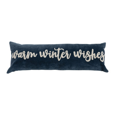 Woven Cotton Velvet Lumbar Pillow With Embroidered "Warm Winter Wishes"