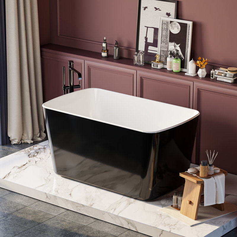 49'' X 28'' Japanese Style Bathtub, Acrylic Freestanding, Glossy Black, Sit-In With Overflow & Drain Disposition Freestanding Soaking Square Hot Tub, Design And