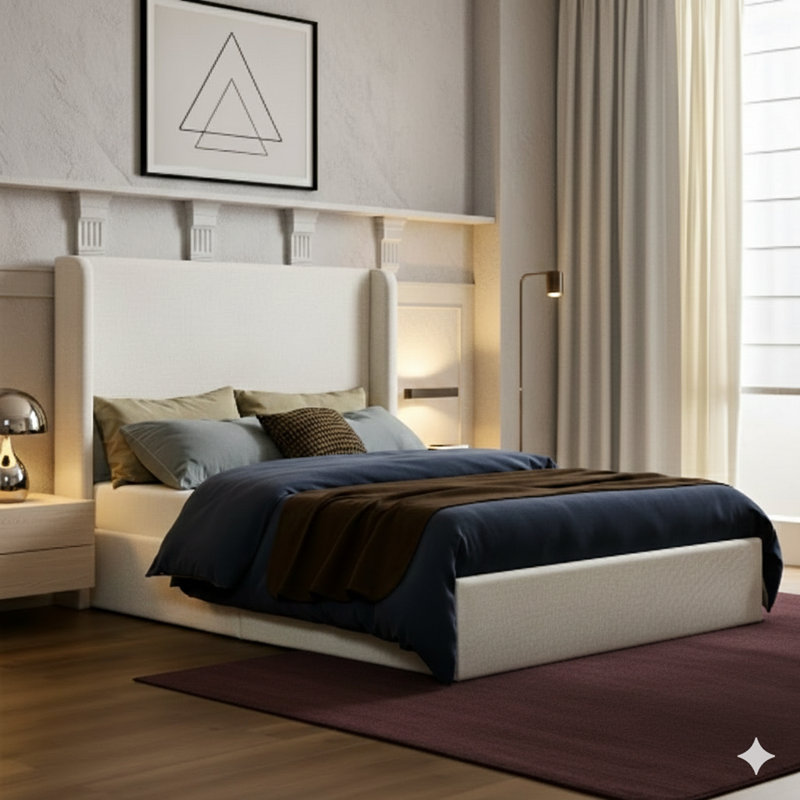 Lit à oreilles tapissier avec une tête de lit de 52,3 po de haut. Comprend un design simple et minimaliste sans lattes de bois. Nécessite un sommier et est facile à assembler. Très grand lit en chenille texturée ivoire.