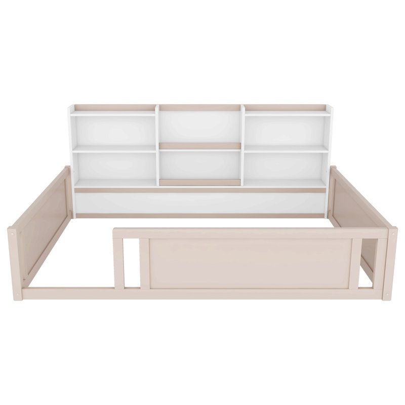 Lit plateforme en bois avec barrière de sécurité et tablettes de rangement latérales pratiques, base de lit pour enfant peu encombrante