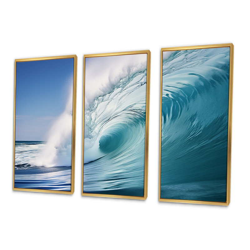 «Turquoise Power of Ocean Wave III», ensemble d'art mural sur toile côtière, Cadre flottant doré, H 32 po x l 48 po x P 1 po
