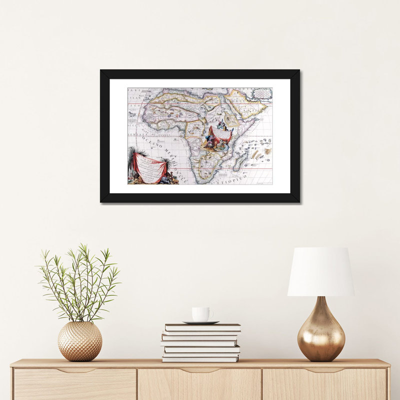 Carte antique d'Afrique, impression sur toile, H 16 po x l 24 po x P 1 po, Papier beaux-arts encadré noir, Blanc