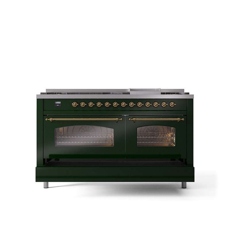 ILVE Nostalgie II 60 Dual Fuel Range, 9 Burners, Griddle, Liquid Propane, Emerald Green/Brass