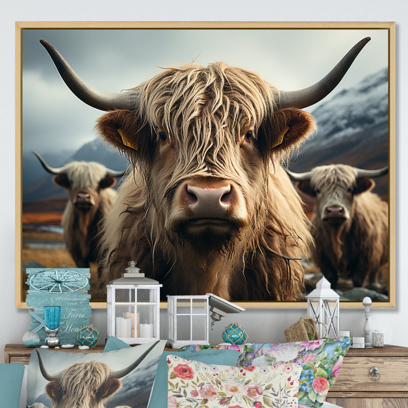 Majestic Highlands Yaks sur toile, Black Picture Framed, 34" H x 44" W