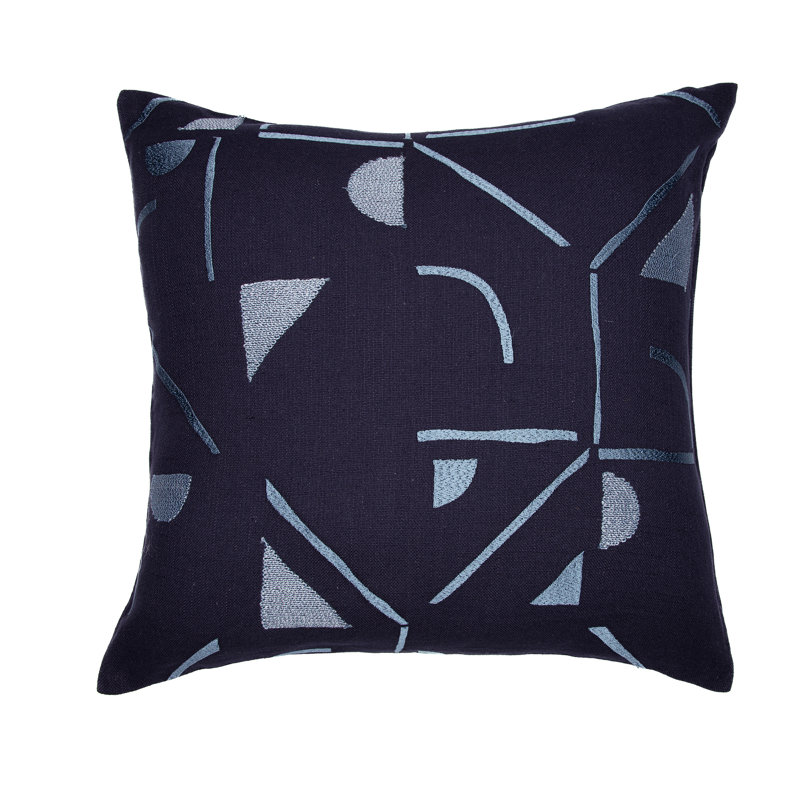 Denim Blue Embroidered Cotton Blend Square Throw Pillow