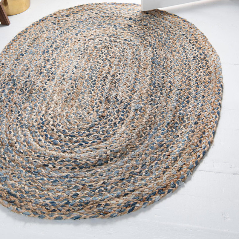 Tapis naturel / bleu tressé à la main Alarik, Ovale 2 pi 2 po x 3 pi 1 po
