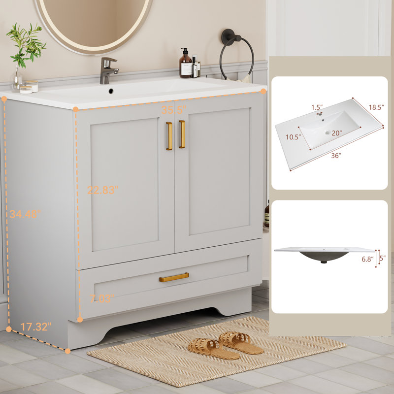 Meuble-lavabo autoportant avec 2 portes et 1 tiroir, poignée en métal, gris 36 po, Gris, 36"