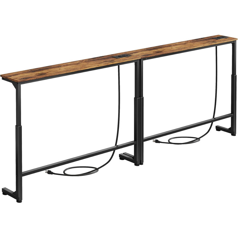 2-Pack Narrow Console Table With Built-In Power Outlets & USB Ports, Adjustable Height Behind Couch Sofa Table For Living Room, Entryway, Hallway