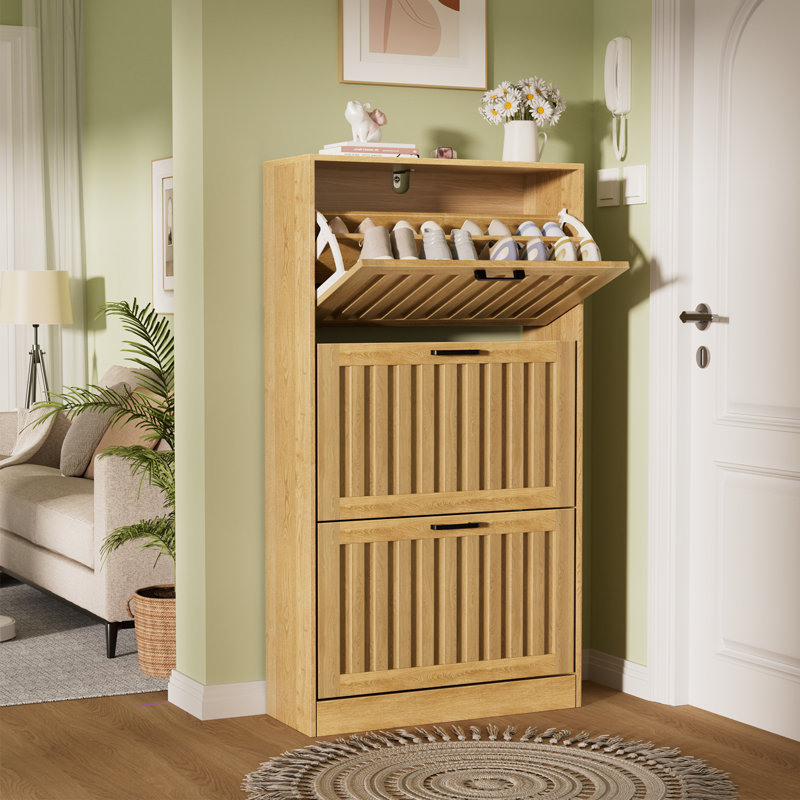 Entry shoe cabinet with 3 flap drawers, wooden shoe cabinet with adjustable shelves, freestanding wooden grooved board shoe cabinet