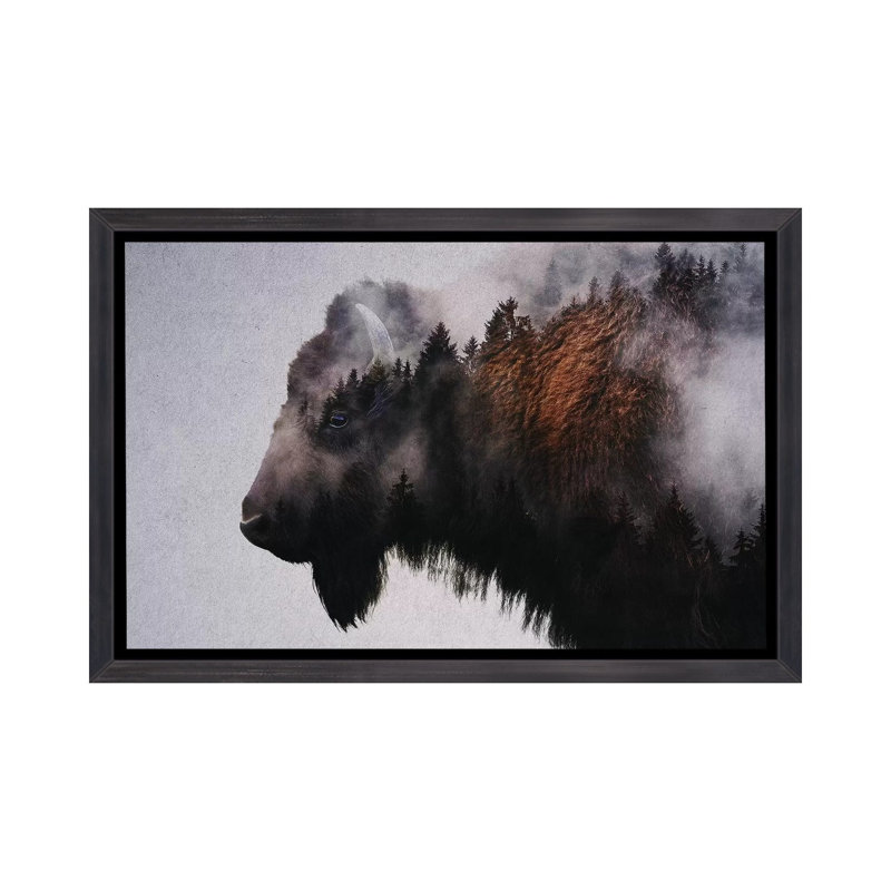 Bison par Andreas Lie - impression d'art graphique, Toile avec cadre noir patiné, H 18 po x l 26 po x P 1,5 po