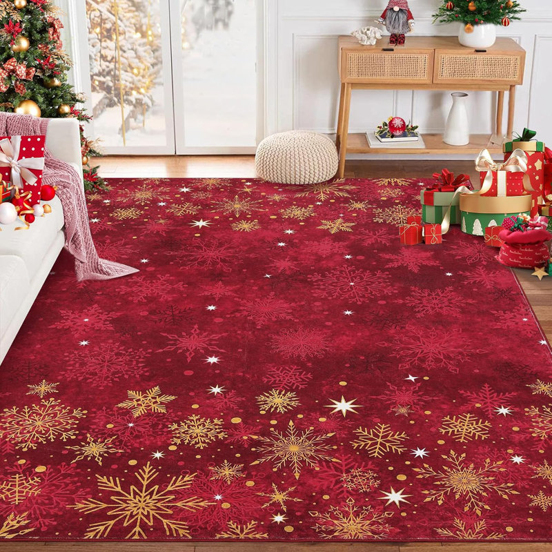 Red Christmas Rug with Snowflake Pattern – Non Slip Low Pile Hallway and Kitchen Floor Carpet, Festive Holiday Decor