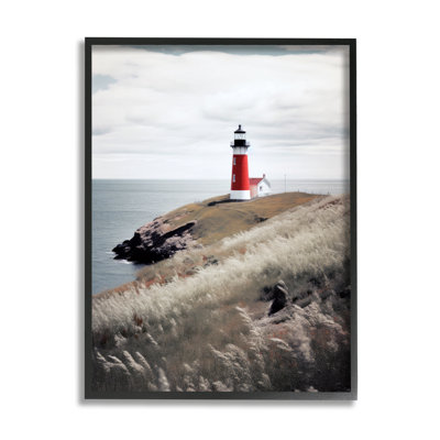 Bb-433 - Paysage de phare rouge encadré, impression sur bois