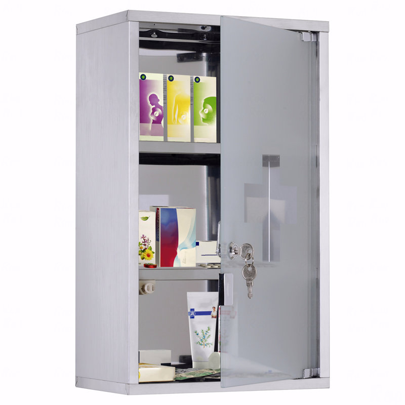 Armoire, verre, porte en verre, pharmacie murale, mur verrouillable avec 3 tablettes à niveaux, cadre en acier inoxydable et verrouillable avec 2 clés