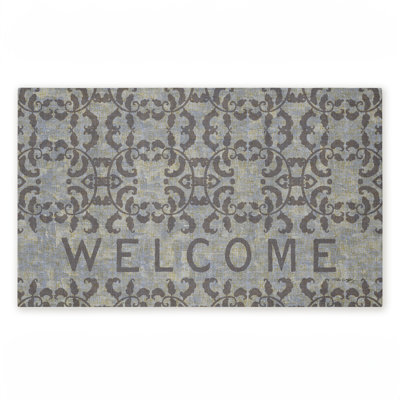 Gray Vintage Pattern Welcome Printed Outdoor Door Mat, design by Tim Coffey, 30"