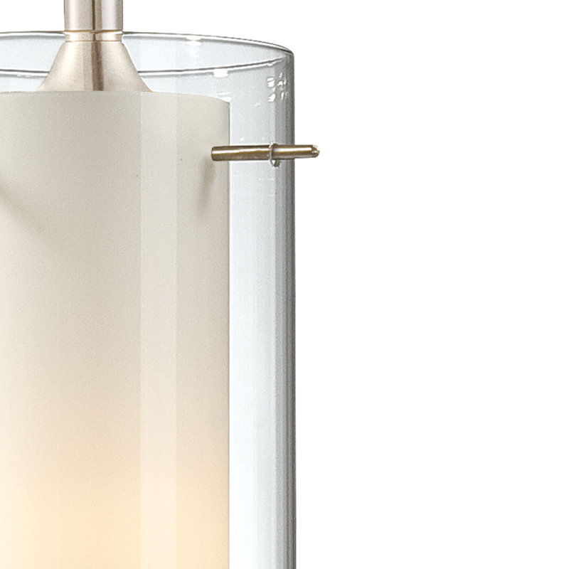 Mini-luminaire suspendu intérieur en nickel brossé 1 lumière Esprit avec cylindre en verre transparent (abat-jour extérieur) et cylindre en verre blanc (abat-jour intérieur)