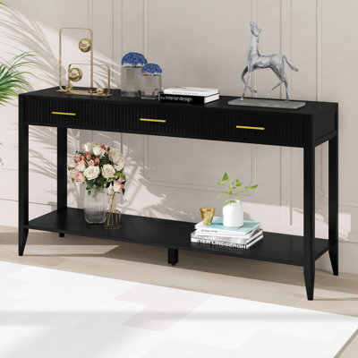 Entryway Console Table With 3 Vertical Stripe Drawers And Storage Bottom Shelf, Sofa End Table With Sturdy Long Legs
