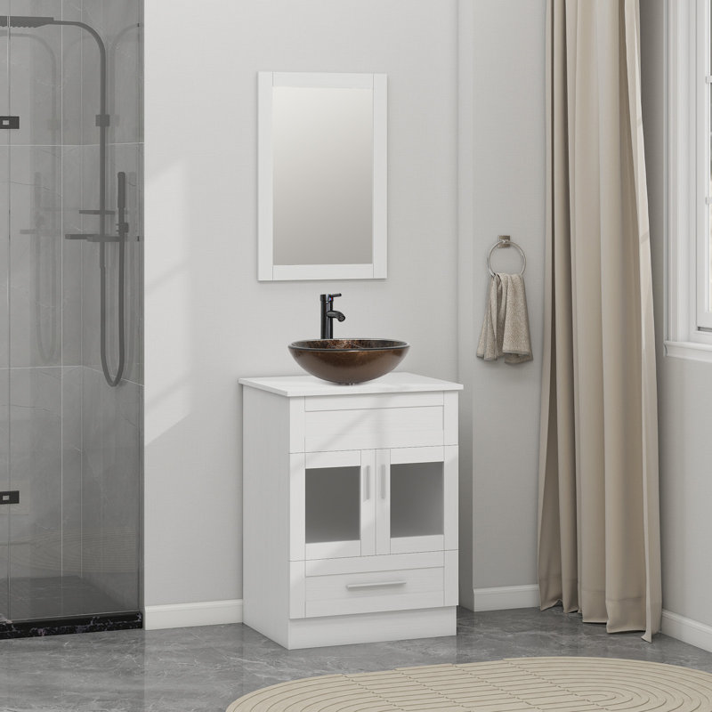 Ensemble de meuble-lavabo simple 24 po avec miroir Analyser, Brun, Blanc / Blanc