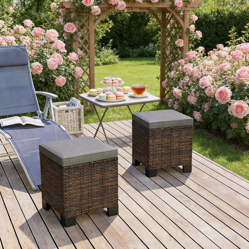 Ottoman Cubes Set Of 2,Wicker Outdoor Ottomans, Gray