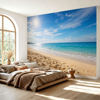 Wall Mural Peel and Stick Wallpaper seascape sun blue sky beach coastal ocean sand sunrise sea Self-Adhesive Removable Contact Paper Wall Decor for Living Room Bedroom 69"H x 96"W