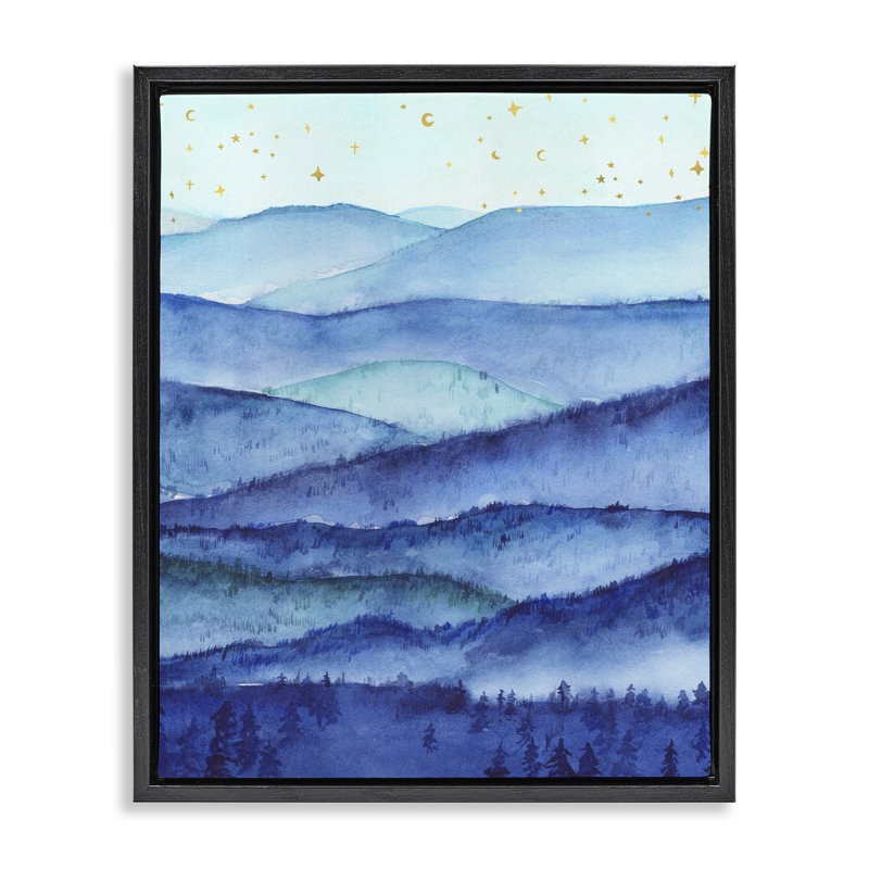 Paysage de montagnes bleues et d'arbres, Cadre flottant noir de jais, H 21 po x l 17 po