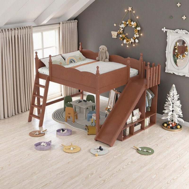 Lit mezzanine en bois massif avec tablettes de rangement, garde-robe et glissade amovible pour enfants, taille simple / double / grand
