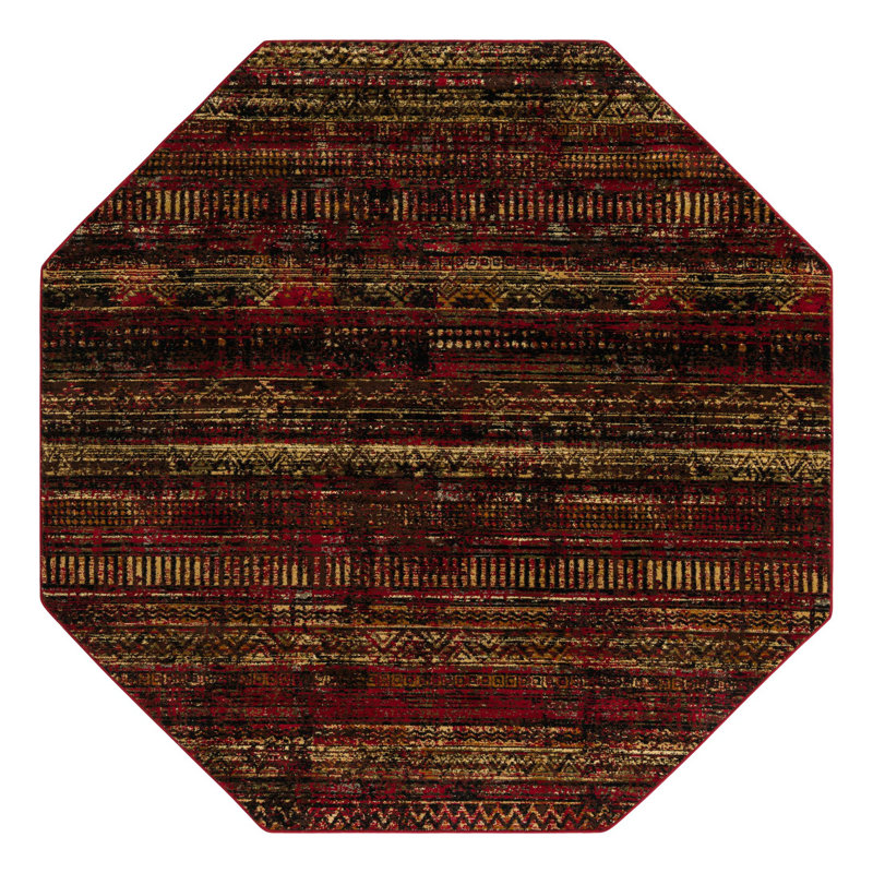 Tapis géométrique bourgogne / brun / noir Blakely, Octogone 7 pi 10 po x 7 pi 10 po